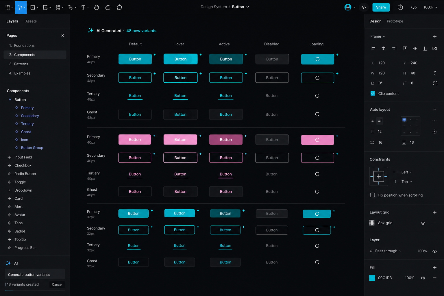 UX design process — AI-assisted generation of button variants on a Figma-style design system canvas