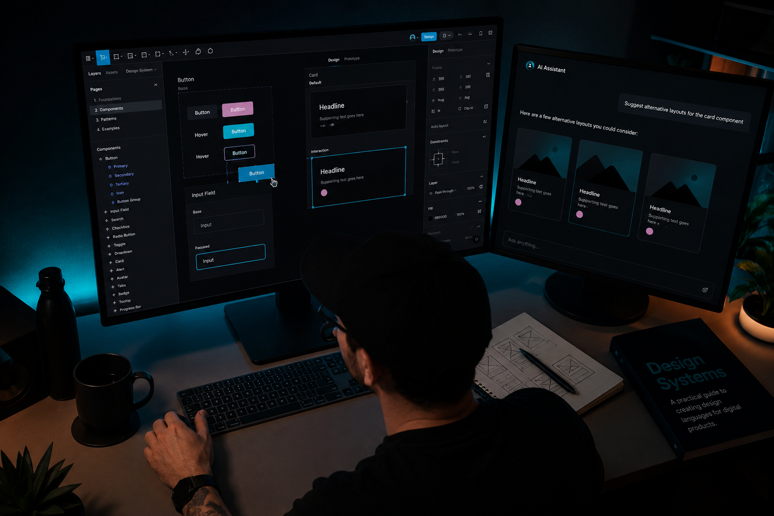 UX design trends 2026 — designer workspace with AI co-pilot beside a Figma-style interface