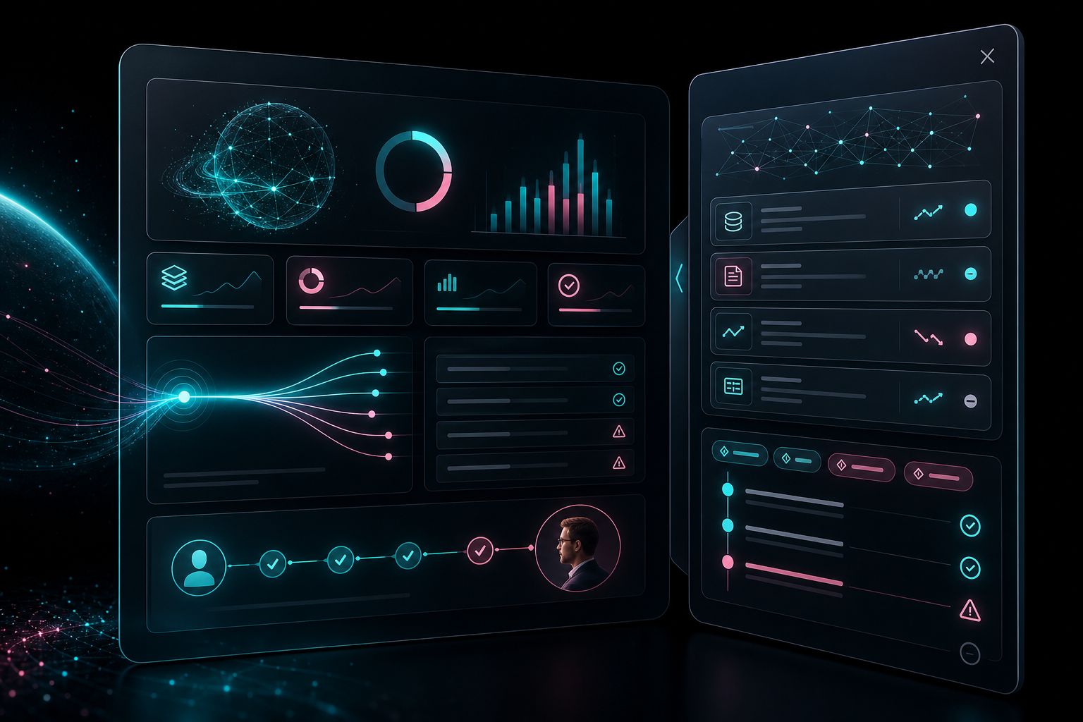 AI dashboard UX — evidence panel beside an AI summary showing sources, data deltas, assumptions, and safe next steps