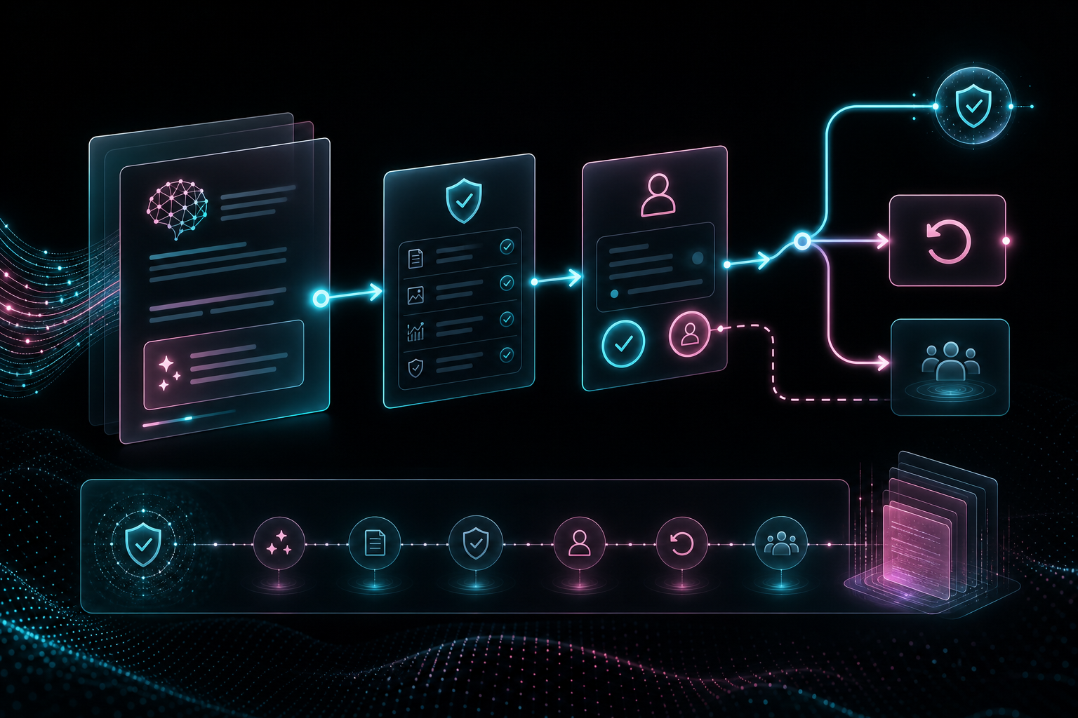 AI dashboard trust workflow showing a user verifying source data, reviewing assumptions, approving a safe action, and keeping an audit trail